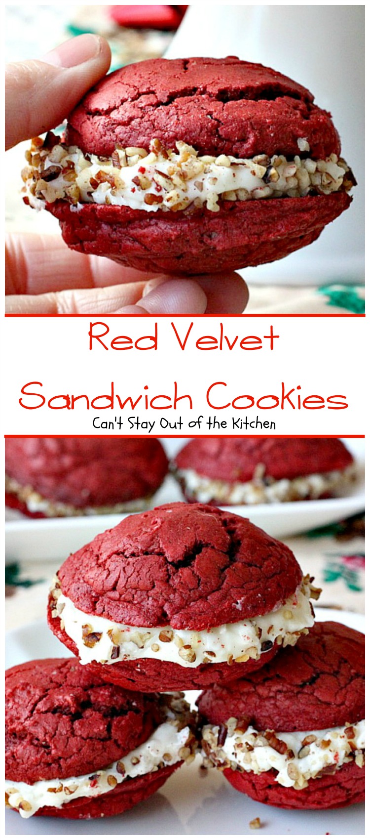 Red Velvet Sandwich Cookies | Can't Stay Out of the Kitchen | the most spectacular #redvelvet #cookie ever! These #whoopiepies have a luscious cream cheese, coconut and pecan frosting. They're absolutely amazing. #dessert