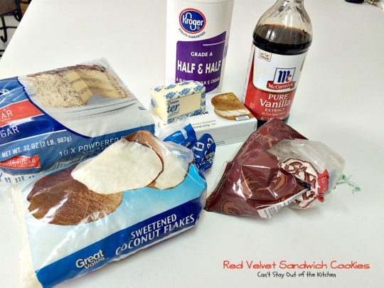 Red Velvet Sandwich Cookies | Can't Stay Out of the Kitchen | the most spectacular #redvelvet #cookie ever! These #whoopiepies have a luscious cream cheese, coconut and pecan frosting. They're absolutely amazing. #dessert