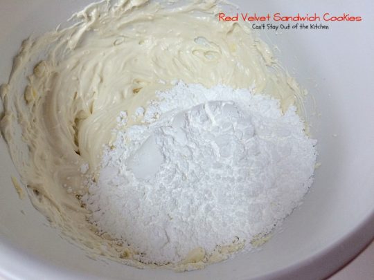 Red Velvet Sandwich Cookies | Can't Stay Out of the Kitchen | the most spectacular #redvelvet #cookie ever! These #whoopiepies have a luscious cream cheese, coconut and pecan frosting. They're absolutely amazing. #dessert