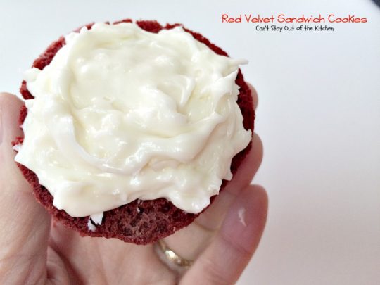Red Velvet Sandwich Cookies | Can't Stay Out of the Kitchen | the most spectacular #redvelvet #cookie ever! These #whoopiepies have a luscious cream cheese, coconut and pecan frosting. They're absolutely amazing. #dessert