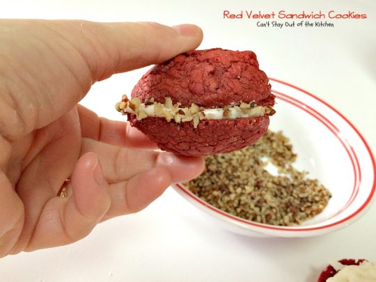 Red Velvet Sandwich Cookies | Can't Stay Out of the Kitchen | the most spectacular #redvelvet #cookie ever! These #whoopiepies have a luscious cream cheese, coconut and pecan frosting. They're absolutely amazing. #dessert