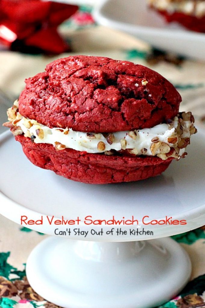 Red Velvet Sandwich Cookies | Can't Stay Out of the Kitchen | the most spectacular #redvelvet #cookie ever! These #whoopiepies have a luscious cream cheese, coconut and pecan frosting. They're absolutely amazing. #dessert