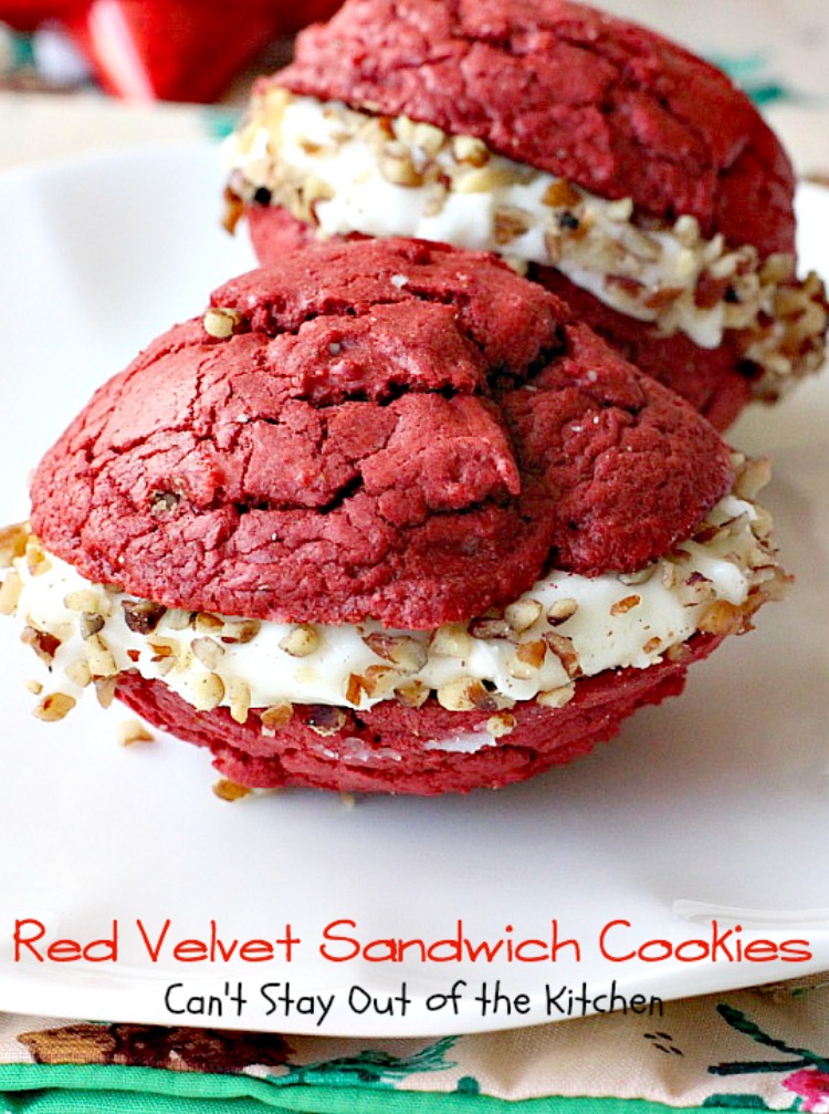 Red Velvet Sandwich Cookies | Can't Stay Out of the Kitchen | the most spectacular #redvelvet #cookie ever! These #whoopiepies have a luscious cream cheese, coconut and pecan frosting. They're absolutely amazing. #dessert