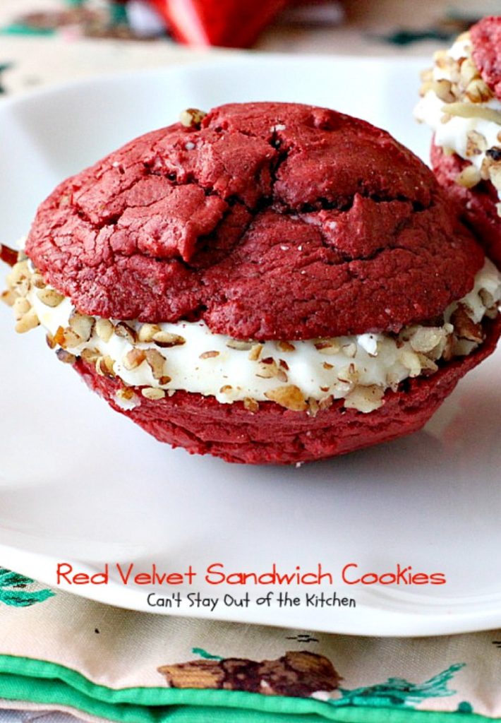 Red Velvet Sandwich Cookies | Can't Stay Out of the Kitchen | the most spectacular #redvelvet #cookie ever! These #whoopiepies have a luscious cream cheese, coconut and pecan frosting. They're absolutely amazing. #dessert