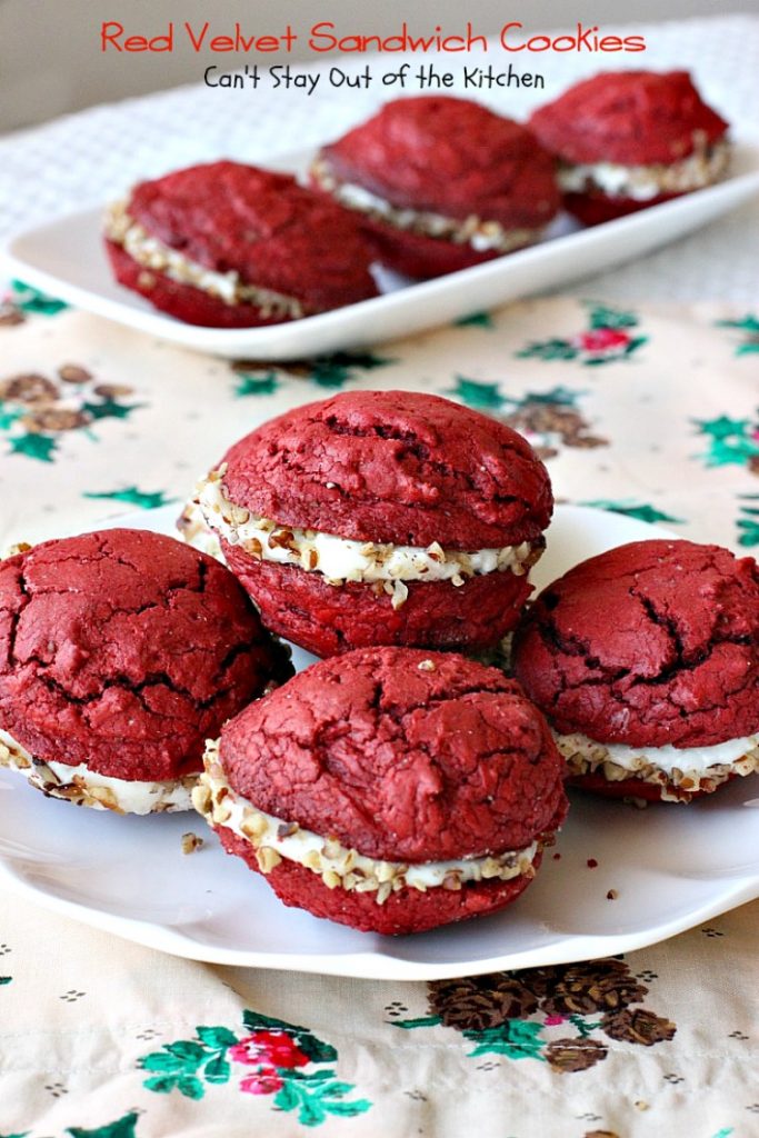 Red Velvet Sandwich Cookies | Can't Stay Out of the Kitchen | the most spectacular #redvelvet #cookie ever! These #whoopiepies have a luscious cream cheese, coconut and pecan frosting. They're absolutely amazing. #dessert