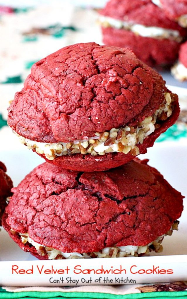 Red Velvet Sandwich Cookies | Can't Stay Out of the Kitchen | the most spectacular #redvelvet #cookie ever! These #whoopiepies have a luscious cream cheese, coconut and pecan frosting. They're absolutely amazing. #dessert