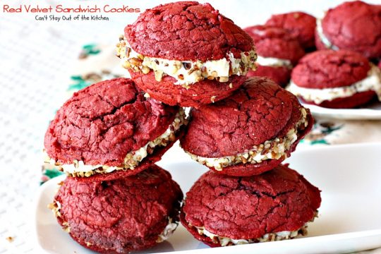 Red Velvet Sandwich Cookies | Can't Stay Out of the Kitchen | the most spectacular #redvelvet #cookie ever! These #whoopiepies have a luscious cream cheese, coconut and pecan frosting. They're absolutely amazing. #dessert