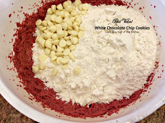 Red Velvet White Chocolate Chip Cookies | Can't Stay Out of the Kitchen| these delicious #redvelvet #cookies are filled with #whitechocolatechips for a rich, deep #chocolate flavor. #dessert