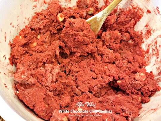 Red Velvet White Chocolate Chip Cookies | Can't Stay Out of the Kitchen| these delicious #redvelvet #cookies are filled with #whitechocolatechips for a rich, deep #chocolate flavor. #dessert