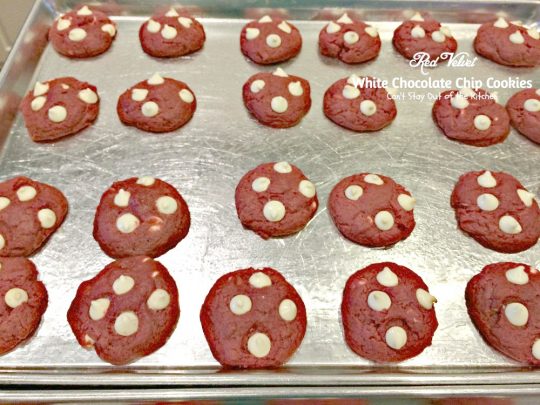 Red Velvet White Chocolate Chip Cookies | Can't Stay Out of the Kitchen| these delicious #redvelvet #cookies are filled with #whitechocolatechips for a rich, deep #chocolate flavor. #dessert