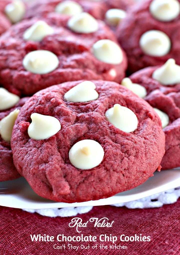 Red Velvet White Chocolate Chip Cookies | Can't Stay Out of the Kitchen| these delicious #redvelvet #cookies are filled with #whitechocolatechips for a rich, deep #chocolate flavor. #dessert