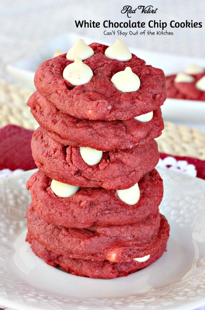 Red Velvet White Chocolate Chip Cookies | Can't Stay Out of the Kitchen| these delicious #redvelvet #cookies are filled with #whitechocolatechips for a rich, deep #chocolate flavor. #dessert