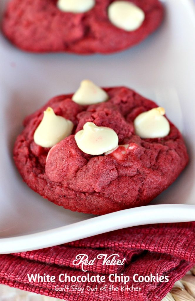 Red Velvet White Chocolate Chip Cookies | Can't Stay Out of the Kitchen| these delicious #redvelvet #cookies are filled with #whitechocolatechips for a rich, deep #chocolate flavor. #dessert