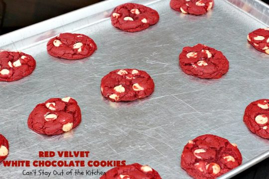 Red Velvet White Chocolate Cookies | Can't Stay Out of the Kitchen | these sensational #cookies only use 4 ingredients! They're quick & easy for any #tailgating party, potluck or even for #Christmas, #holiday or #ValentinesDay parties. Festive & beautiful, this #dessert delivers on taste as well. #Chocolate #RedVelvet #WhiteChocolateChips #ChocolateDessert #RedVelvetDessert #4IngredientDessert #ValentinesDayDessert #ChristmasCookieExchange #HolidayDessert #RedVelvetCakeMix