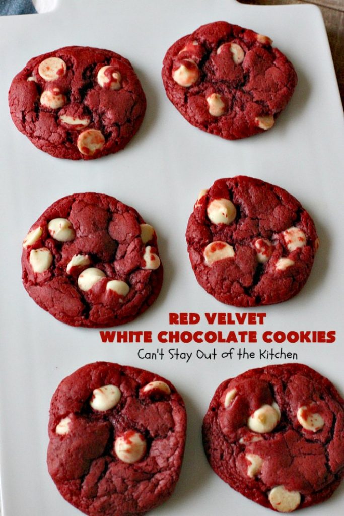 Red Velvet White Chocolate Cookies | Can't Stay Out of the Kitchen | these sensational #cookies only use 4 ingredients! They're quick & easy for any #tailgating party, potluck or even for #Christmas, #holiday or #ValentinesDay parties. Festive & beautiful, this #dessert delivers on taste as well. #Chocolate #RedVelvet #WhiteChocolateChips #ChocolateDessert #RedVelvetDessert #4IngredientDessert #ValentinesDayDessert #ChristmasCookieExchange #HolidayDessert #RedVelvetCakeMix