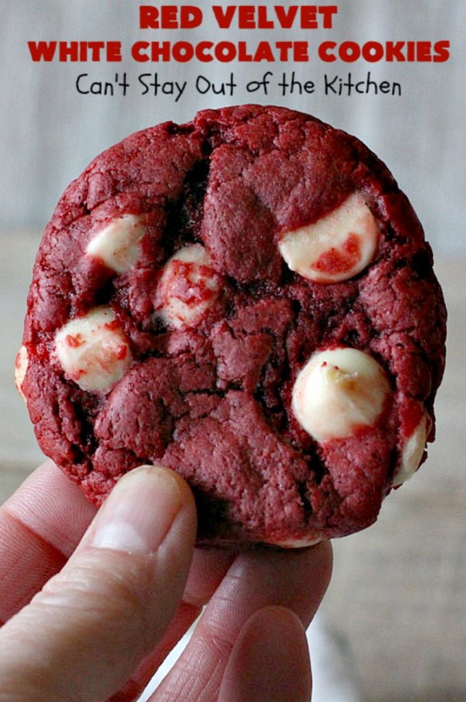 Red Velvet White Chocolate Cookies | Can't Stay Out of the Kitchen | these sensational #cookies only use 4 ingredients! They're quick & easy for any #tailgating party, potluck or even for #Christmas, #holiday or #ValentinesDay parties. Festive & beautiful, this #dessert delivers on taste as well. #Chocolate #RedVelvet #WhiteChocolateChips #ChocolateDessert #RedVelvetDessert #4IngredientDessert #ValentinesDayDessert #ChristmasCookieExchange #HolidayDessert #RedVelvetCakeMix