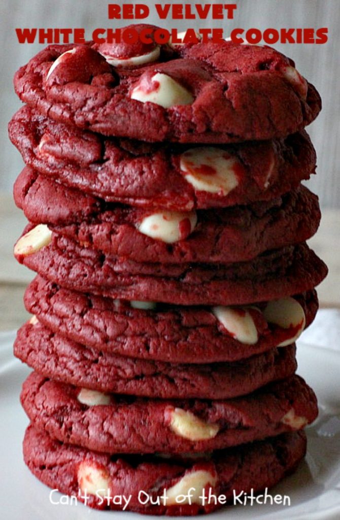 Red Velvet White Chocolate Cookies | Can't Stay Out of the Kitchen | these sensational #cookies only use 4 ingredients! They're quick & easy for any #tailgating party, potluck or even for #Christmas, #holiday or #ValentinesDay parties. Festive & beautiful, this #dessert delivers on taste as well. #Chocolate #RedVelvet #WhiteChocolateChips #ChocolateDessert #RedVelvetDessert #4IngredientDessert #ValentinesDayDessert #ChristmasCookieExchange #HolidayDessert #RedVelvetCakeMix