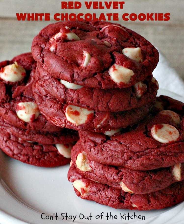 Red Velvet White Chocolate Cookies | Can't Stay Out of the Kitchen | these sensational #cookies only use 4 ingredients! They're quick & easy for any #tailgating party, potluck or even for #Christmas, #holiday or #ValentinesDay parties. Festive & beautiful, this #dessert delivers on taste as well. #Chocolate #RedVelvet #WhiteChocolateChips #ChocolateDessert #RedVelvetDessert #4IngredientDessert #ValentinesDayDessert #ChristmasCookieExchange #HolidayDessert #RedVelvetCakeMix