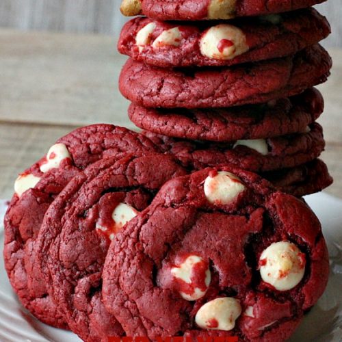 Red Velvet White Chocolate Cookies | Can't Stay Out of the Kitchen | these sensational #cookies only use 4 ingredients! They're quick & easy for any #tailgating party, potluck or even for #Christmas, #holiday or #ValentinesDay parties. Festive & beautiful, this #dessert delivers on taste as well. #Chocolate #RedVelvet #WhiteChocolateChips #ChocolateDessert #RedVelvetDessert #4IngredientDessert #ValentinesDayDessert #ChristmasCookieExchange #HolidayDessert #RedVelvetCakeMix