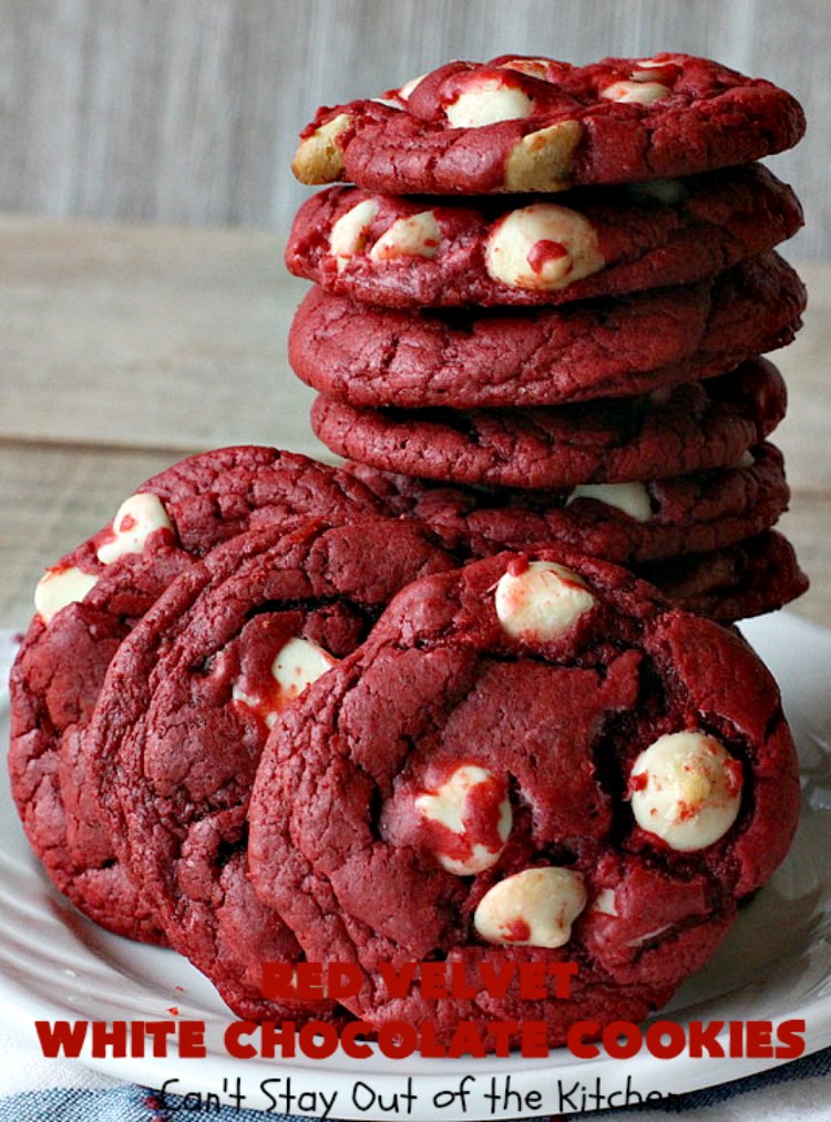 Red Velvet White Chocolate Cookies | Can't Stay Out of the Kitchen | these sensational #cookies only use 4 ingredients! They're quick & easy for any #tailgating party, potluck or even for #Christmas, #holiday or #ValentinesDay parties. Festive & beautiful, this #dessert delivers on taste as well. #Chocolate #RedVelvet #WhiteChocolateChips #ChocolateDessert #RedVelvetDessert #4IngredientDessert #ValentinesDayDessert #ChristmasCookieExchange #HolidayDessert #RedVelvetCakeMix