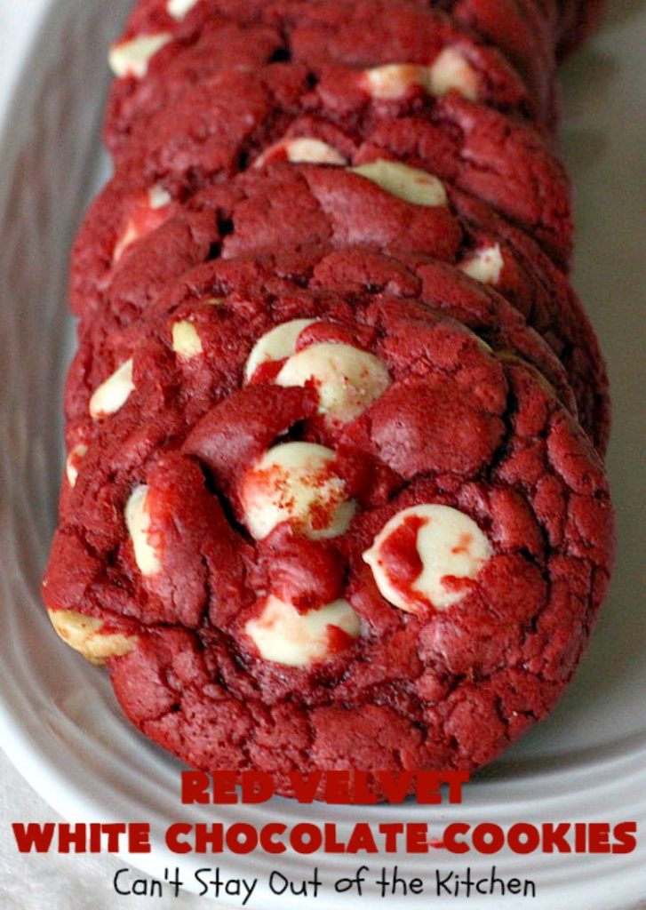 Red Velvet White Chocolate Cookies | Can't Stay Out of the Kitchen | these sensational #cookies only use 4 ingredients! They're quick & easy for any #tailgating party, potluck or even for #Christmas, #holiday or #ValentinesDay parties. Festive & beautiful, this #dessert delivers on taste as well. #Chocolate #RedVelvet #WhiteChocolateChips #ChocolateDessert #RedVelvetDessert #4IngredientDessert #ValentinesDayDessert #ChristmasCookieExchange #HolidayDessert #RedVelvetCakeMix
