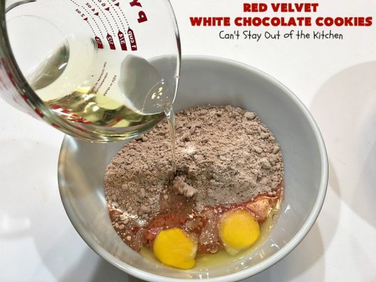 Red Velvet White Chocolate Cookies | Can't Stay Out of the Kitchen | these sensational #cookies only use 4 ingredients! They're quick & easy for any #tailgating party, potluck or even for #Christmas, #holiday or #ValentinesDay parties. Festive & beautiful, this #dessert delivers on taste as well. #Chocolate #RedVelvet #WhiteChocolateChips #ChocolateDessert #RedVelvetDessert #4IngredientDessert #ValentinesDayDessert #ChristmasCookieExchange #HolidayDessert #RedVelvetCakeMix