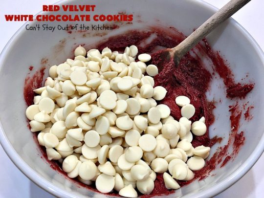 Red Velvet White Chocolate Cookies | Can't Stay Out of the Kitchen | these sensational #cookies only use 4 ingredients! They're quick & easy for any #tailgating party, potluck or even for #Christmas, #holiday or #ValentinesDay parties. Festive & beautiful, this #dessert delivers on taste as well. #Chocolate #RedVelvet #WhiteChocolateChips #ChocolateDessert #RedVelvetDessert #4IngredientDessert #ValentinesDayDessert #ChristmasCookieExchange #HolidayDessert #RedVelvetCakeMix