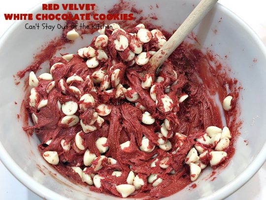Red Velvet White Chocolate Cookies | Can't Stay Out of the Kitchen | these sensational #cookies only use 4 ingredients! They're quick & easy for any #tailgating party, potluck or even for #Christmas, #holiday or #ValentinesDay parties. Festive & beautiful, this #dessert delivers on taste as well. #Chocolate #RedVelvet #WhiteChocolateChips #ChocolateDessert #RedVelvetDessert #4IngredientDessert #ValentinesDayDessert #ChristmasCookieExchange #HolidayDessert #RedVelvetCakeMix