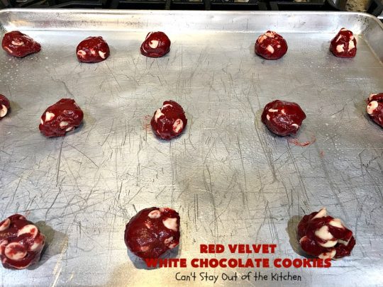 Red Velvet White Chocolate Cookies | Can't Stay Out of the Kitchen | these sensational #cookies only use 4 ingredients! They're quick & easy for any #tailgating party, potluck or even for #Christmas, #holiday or #ValentinesDay parties. Festive & beautiful, this #dessert delivers on taste as well. #Chocolate #RedVelvet #WhiteChocolateChips #ChocolateDessert #RedVelvetDessert #4IngredientDessert #ValentinesDayDessert #ChristmasCookieExchange #HolidayDessert #RedVelvetCakeMix