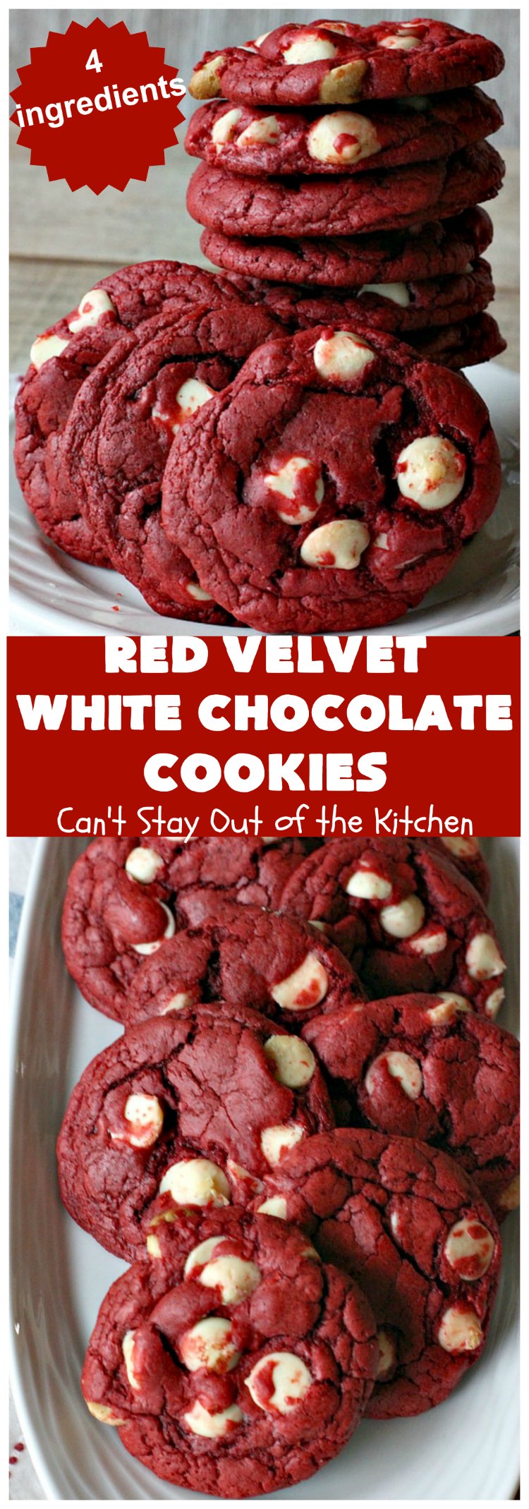 Red Velvet White Chocolate Cookies | Can't Stay Out of the Kitchen | these sensational #cookies only use 4 ingredients! They're quick & easy for any #tailgating party, potluck or even for #Christmas, #holiday or #ValentinesDay parties. Festive & beautiful, this #dessert delivers on taste as well. #Chocolate #RedVelvet #WhiteChocolateChips #ChocolateDessert #RedVelvetDessert #4IngredientDessert #ValentinesDayDessert #ChristmasCookieExchange #HolidayDessert #RedVelvetCakeMix