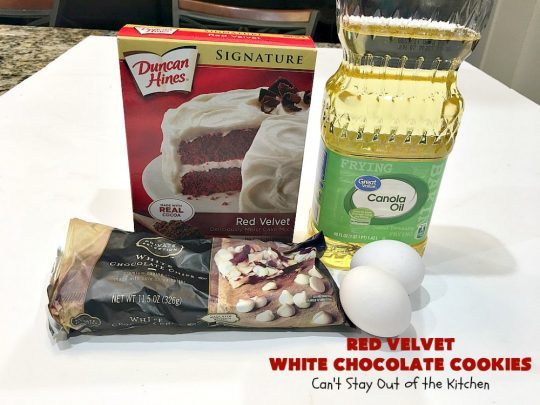 Red Velvet White Chocolate Cookies | Can't Stay Out of the Kitchen | these sensational #cookies only use 4 ingredients! They're quick & easy for any #tailgating party, potluck or even for #Christmas, #holiday or #ValentinesDay parties. Festive & beautiful, this #dessert delivers on taste as well. #Chocolate #RedVelvet #WhiteChocolateChips #ChocolateDessert #RedVelvetDessert #4IngredientDessert #ValentinesDayDessert #ChristmasCookieExchange #HolidayDessert #RedVelvetCakeMix