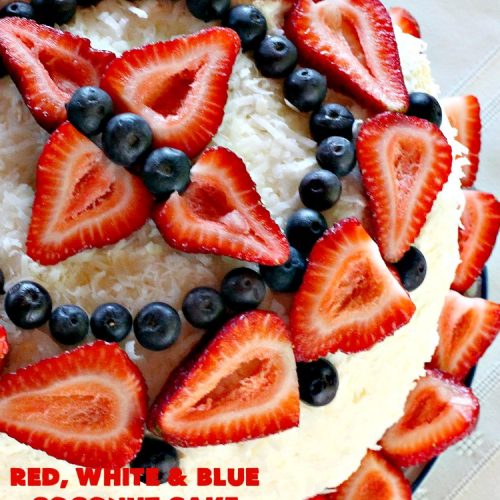 Red, White & Blue Coconut Cake | Can't Stay Out of the Kitchen | this fabulous #coconut #cake is perfect for the #FourthofJuly. Both the cake and the icing have coconut. Amazing #dessert