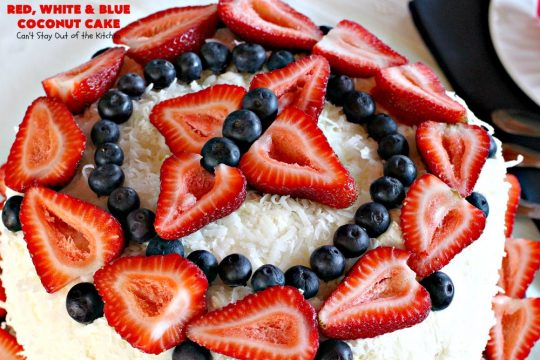 Red, White & Blue Coconut Cake | Can't Stay Out of the Kitchen | this fabulous #coconut #cake is perfect for the #FourthofJuly. Both the cake and the icing have coconut. Amazing #dessert
