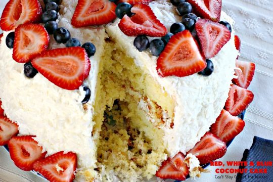 Red, White & Blue Coconut Cake | Can't Stay Out of the Kitchen | this fabulous #coconut #cake is perfect for the #FourthofJuly. Both the cake and the icing have coconut. Amazing #dessert