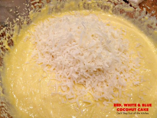 Red, White & Blue Coconut Cake | Can't Stay Out of the Kitchen | this fabulous #coconut #cake is perfect for the #FourthofJuly. Both the cake and the icing have coconut. Amazing #dessert
