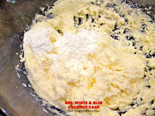 Red, White & Blue Coconut Cake | Can't Stay Out of the Kitchen | this fabulous #coconut #cake is perfect for the #FourthofJuly. Both the cake and the icing have coconut. Amazing #dessert