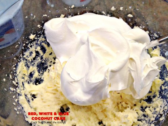 Red, White & Blue Coconut Cake | Can't Stay Out of the Kitchen | this fabulous #coconut #cake is perfect for the #FourthofJuly. Both the cake and the icing have coconut. Amazing #dessert
