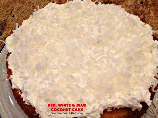 Red, White & Blue Coconut Cake | Can't Stay Out of the Kitchen | this fabulous #coconut #cake is perfect for the #FourthofJuly. Both the cake and the icing have coconut. Amazing #dessert