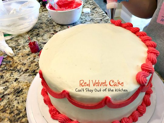Red Velvet Cake | Can't Stay Out of the Kitchen | our favorite #RedVelvetCake recipe. This one has a luscious #creamcheese icing. Fabulous for anniversaries, #holidays or #Valentine'sDay. #cake #dessert #chocolate