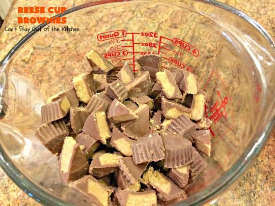 Reese Cup Brownies | Can't Stay Out of the Kitchen | These amazing #brownies are to die for! They are filled with #Reesecups and a great way to use up leftover #Halloween candy. #dessert #chocolate #peanutbutter #tailgating #ChocolateDessert #PeanutButterDessert #ReeseCupBrownies #ReesePeanutButterCupDessert #FourthOfJuly #FourthOfJulyDessert #LaborDayDessert