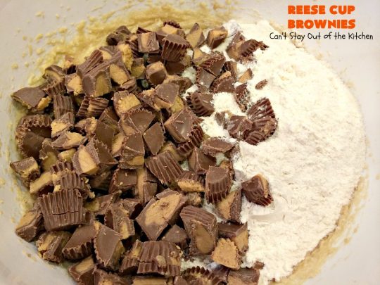 Reese Cup Brownies | Can't Stay Out of the Kitchen | These amazing #brownies are to die for! They are filled with #Reesecups and a great way to use up leftover #Halloween candy. #dessert #chocolate #peanutbutter #tailgating #ChocolateDessert #PeanutButterDessert #ReeseCupBrownies #ReesePeanutButterCupDessert #FourthOfJuly #FourthOfJulyDessert #LaborDayDessert