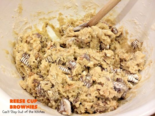 Reese Cup Brownies | Can't Stay Out of the Kitchen | These amazing #brownies are to die for! They are filled with #Reesecups and a great way to use up leftover #Halloween candy. #dessert #chocolate #peanutbutter #tailgating #ChocolateDessert #PeanutButterDessert #ReeseCupBrownies #ReesePeanutButterCupDessert #FourthOfJuly #FourthOfJulyDessert #LaborDayDessert