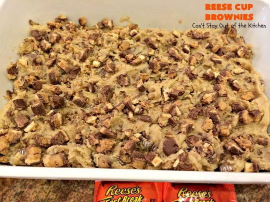 Reese Cup Brownies | Can't Stay Out of the Kitchen | These amazing #brownies are to die for! They are filled with #Reesecups and a great way to use up leftover #Halloween candy. #dessert #chocolate #peanutbutter #tailgating #ChocolateDessert #PeanutButterDessert #ReeseCupBrownies #ReesePeanutButterCupDessert #FourthOfJuly #FourthOfJulyDessert #LaborDayDessert