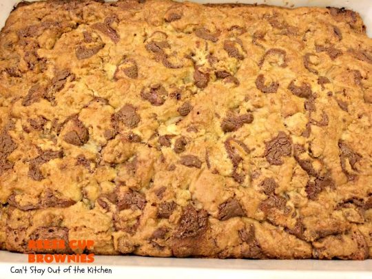 Reese Cup Brownies | Can't Stay Out of the Kitchen | These amazing #brownies are to die for! They are filled with #Reesecups and a great way to use up leftover #Halloween candy. #dessert #chocolate #peanutbutter #tailgating #ChocolateDessert #PeanutButterDessert #ReeseCupBrownies #ReesePeanutButterCupDessert #FourthOfJuly #FourthOfJulyDessert #LaborDayDessert