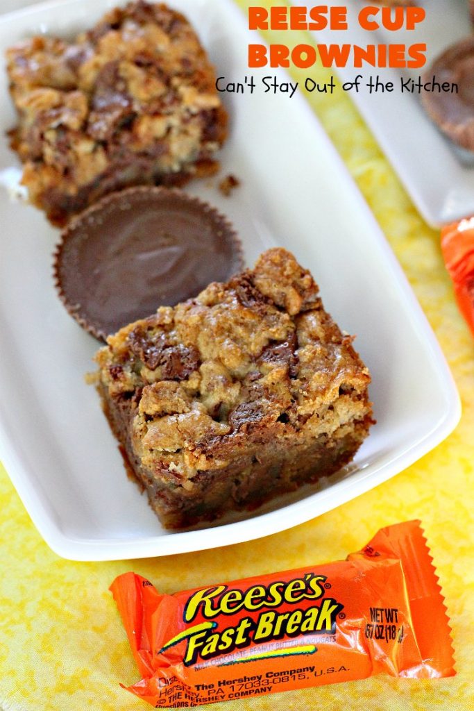 Reese Cup Brownies | Can't Stay Out of the Kitchen | These amazing #brownies are to die for! They are filled with #Reesecups and a great way to use up leftover #Halloween candy. #dessert #chocolate #peanutbutter #tailgating #ChocolateDessert #PeanutButterDessert #ReeseCupBrownies #ReesePeanutButterCupDessert #FourthOfJuly #FourthOfJulyDessert #LaborDayDessert