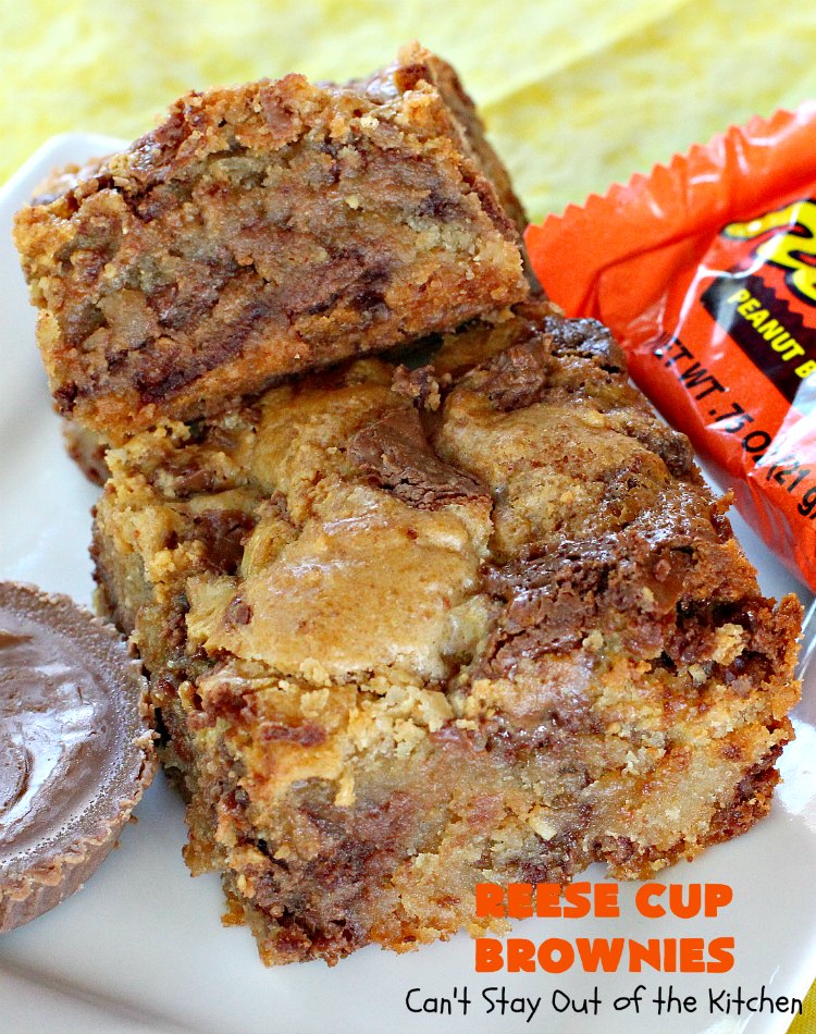 Reese Cup Brownies | Can't Stay Out of the Kitchen | These amazing #brownies are to die for! They are filled with #Reesecups and a great way to use up leftover #Halloween candy. #dessert #chocolate #peanutbutter #tailgating #ChocolateDessert #PeanutButterDessert #ReeseCupBrownies #ReesePeanutButterCupDessert #FourthOfJuly #FourthOfJulyDessert #LaborDayDessert