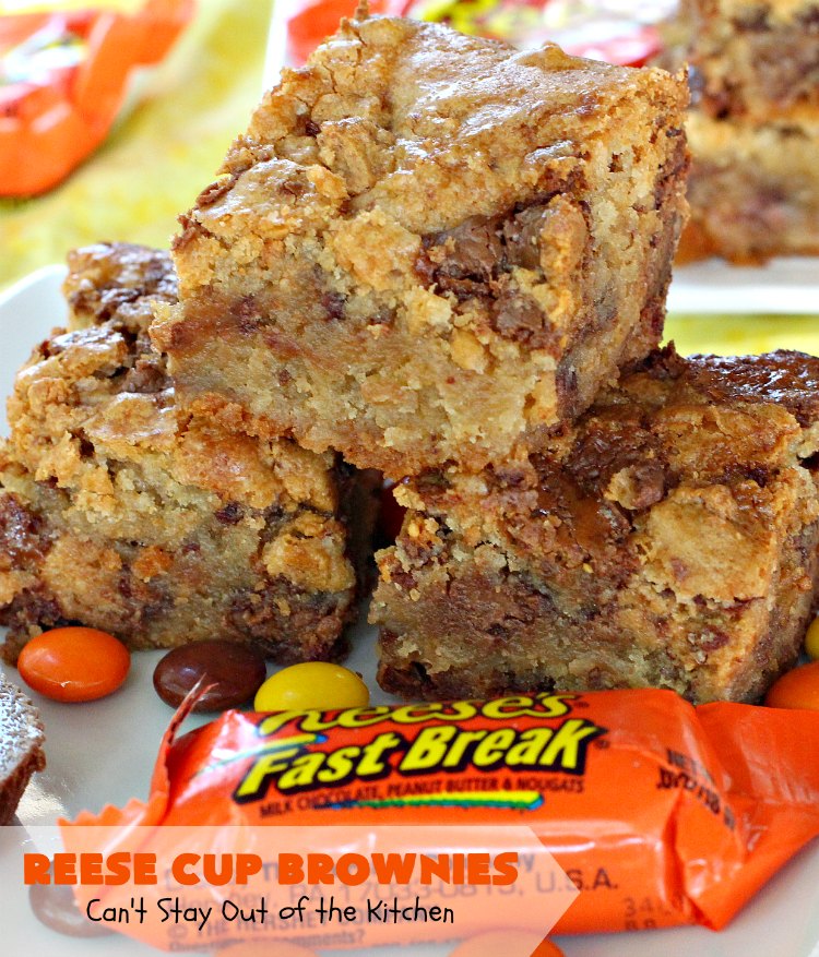 Reese Cup Brownies | Can't Stay Out of the Kitchen | These amazing #brownies are to die for! They are filled with #Reesecups and a great way to use up leftover #Halloween candy. #dessert #chocolate #peanutbutter #tailgating #ChocolateDessert #PeanutButterDessert #ReeseCupBrownies #ReesePeanutButterCupDessert #FourthOfJuly #FourthOfJulyDessert #LaborDayDessert