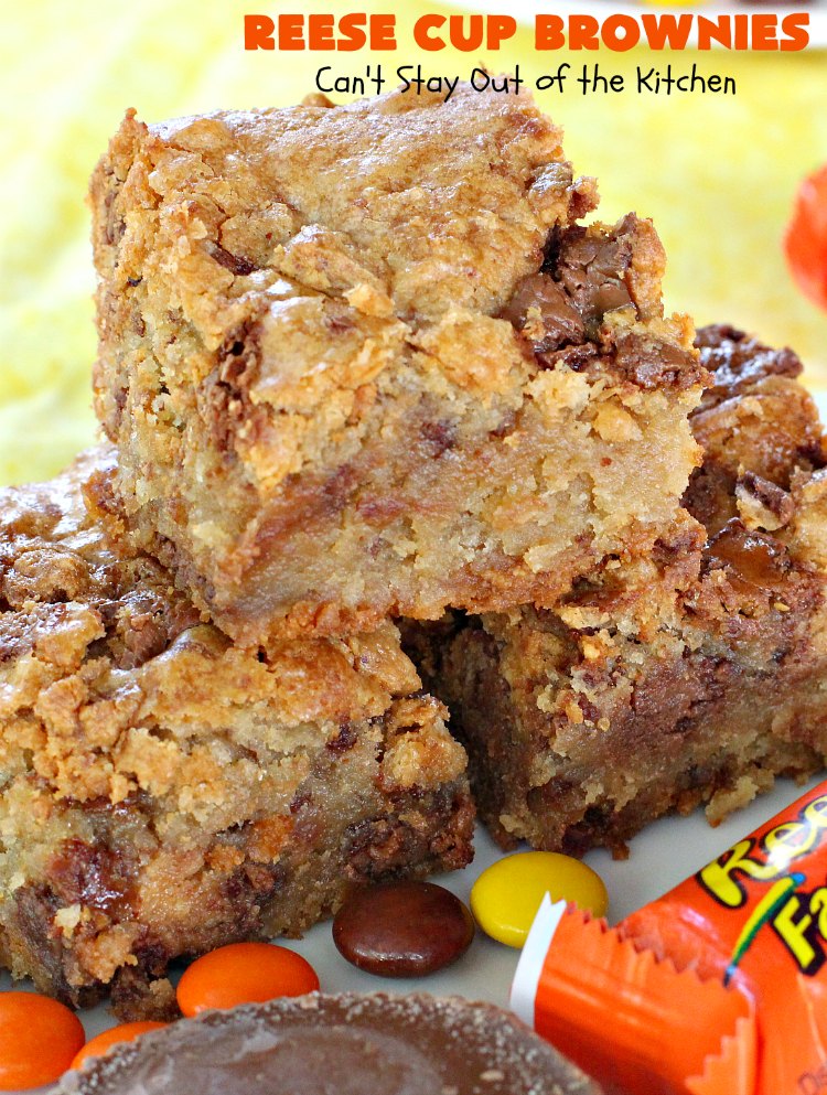 Reese Cup Brownies | Can't Stay Out of the Kitchen | These amazing #brownies are to die for! They are filled with #Reesecups and a great way to use up leftover #Halloween candy. #dessert #chocolate #peanutbutter #tailgating #ChocolateDessert #PeanutButterDessert #ReeseCupBrownies #ReesePeanutButterCupDessert #FourthOfJuly #FourthOfJulyDessert #LaborDayDessert