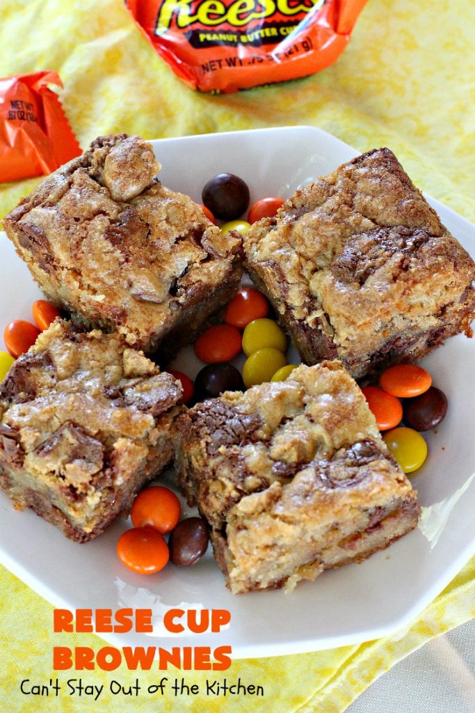 Reese Cup Brownies | Can't Stay Out of the Kitchen | These amazing #brownies are to die for! They are filled with #Reesecups and a great way to use up leftover #Halloween candy. #dessert #chocolate #peanutbutter #tailgating #ChocolateDessert #PeanutButterDessert #ReeseCupBrownies #ReesePeanutButterCupDessert #FourthOfJuly #FourthOfJulyDessert #LaborDayDessert