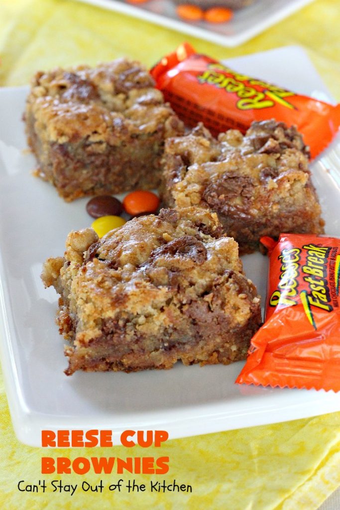 Reese Cup Brownies | Can't Stay Out of the Kitchen | These amazing #brownies are to die for! They are filled with #Reesecups and a great way to use up leftover #Halloween candy. #dessert #chocolate #peanutbutter #tailgating #ChocolateDessert #PeanutButterDessert #ReeseCupBrownies #ReesePeanutButterCupDessert #FourthOfJuly #FourthOfJulyDessert #LaborDayDessert
